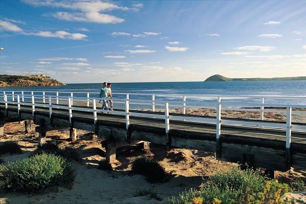 Granite Island Causeway: a great place to visit in Victor Harbor. Image &copy SATC; Peter Fisher. This photo sponsored by Accommodation - Resorts Category.